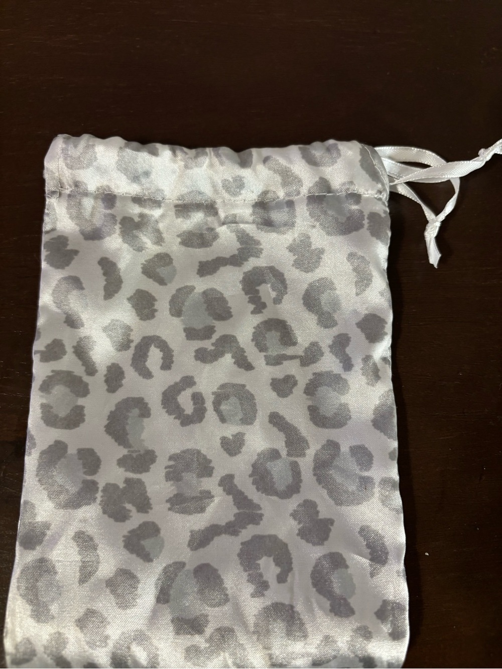 Small White & Silver Leopard Print Satin Drawstring Pouch Jewelry Gift Bag